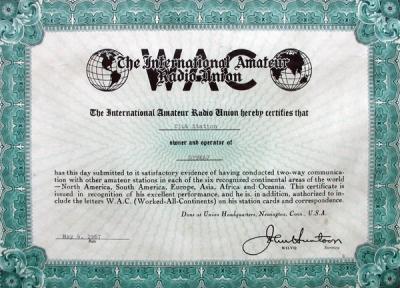 Dyplom WAC dla sp9kaj z 4 maja 1967 roku